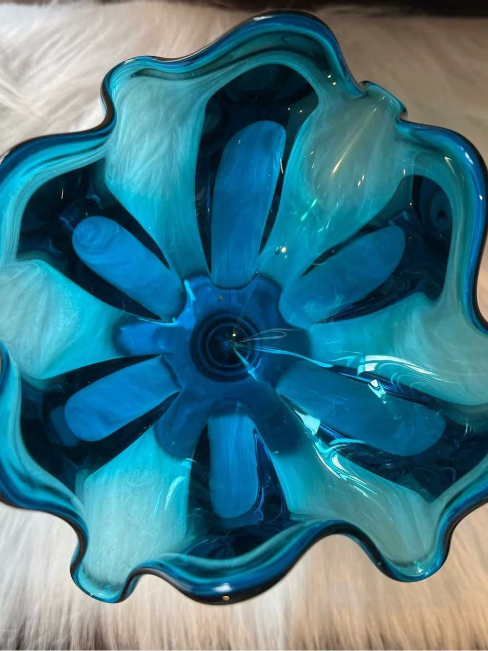 Vintage MCM Viking Glass Epic Bluenique Vase 6 Petal Handkerchief Compote